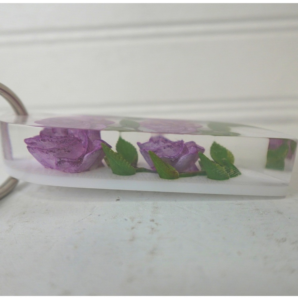 Purple Flower Keychain Bag Charm Two Stem Roses Handmade Resin Fob Holder - Picture 7 of 8